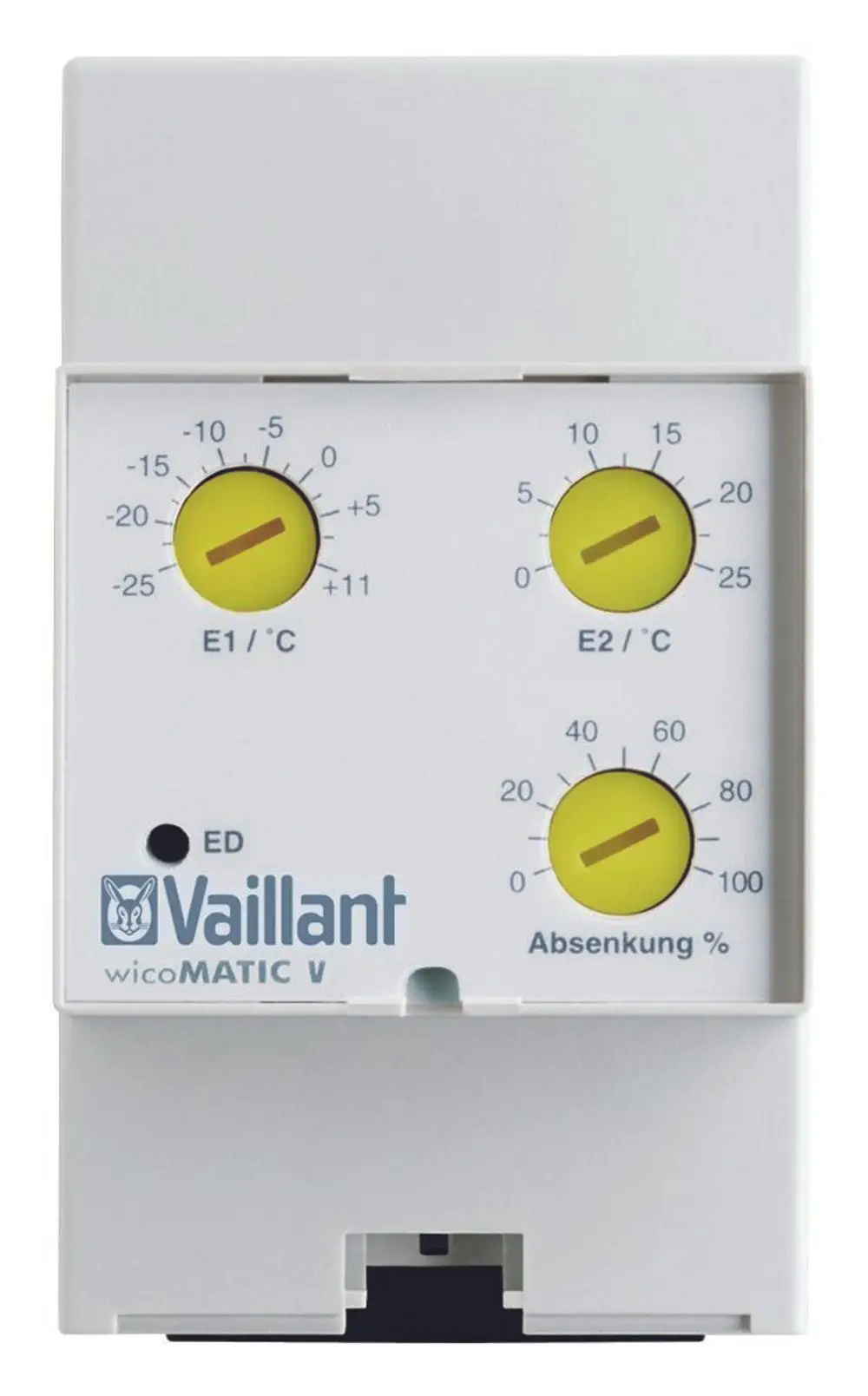 Vaillant Elektro-Zentralsteuergerät mit drei Drehreglern für Temperatureinstellungen und eine Prozentanzeige. Gehäuse in Weiß.